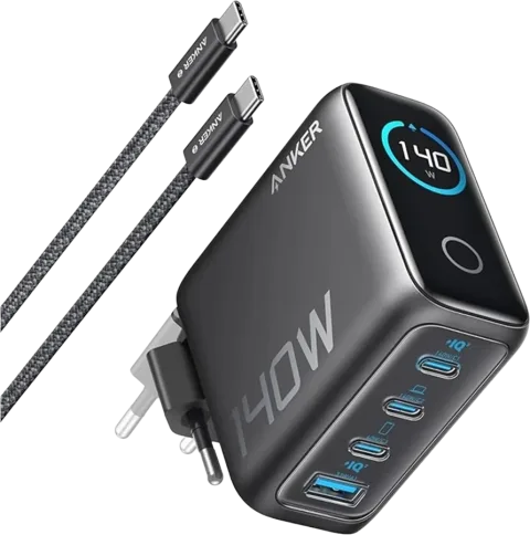 Anker 140W 4-ports GaN-laddare inklusive 240W USB-C kabel 1.5m Mörkgrå
